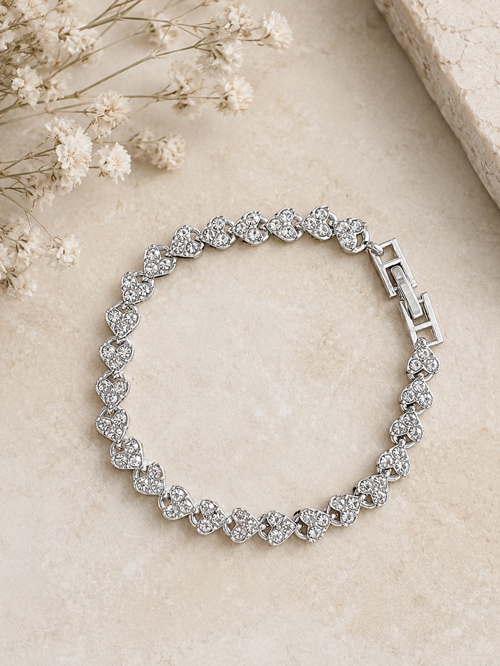 Silver Heart Rhinestone Tennis Bracelet - Sparkling Silver Tone-7”